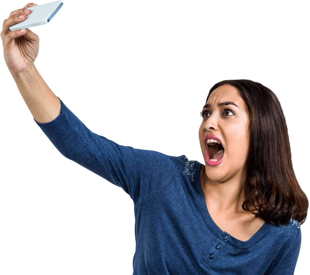 Shocked Woman Taking Selfie with Mobile Phone on Transparent Background