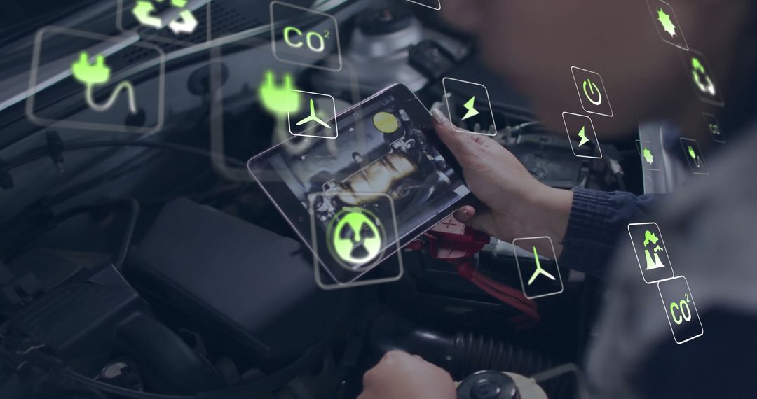Mechanic Analyzing Engine Diagnostics with Technology Interface