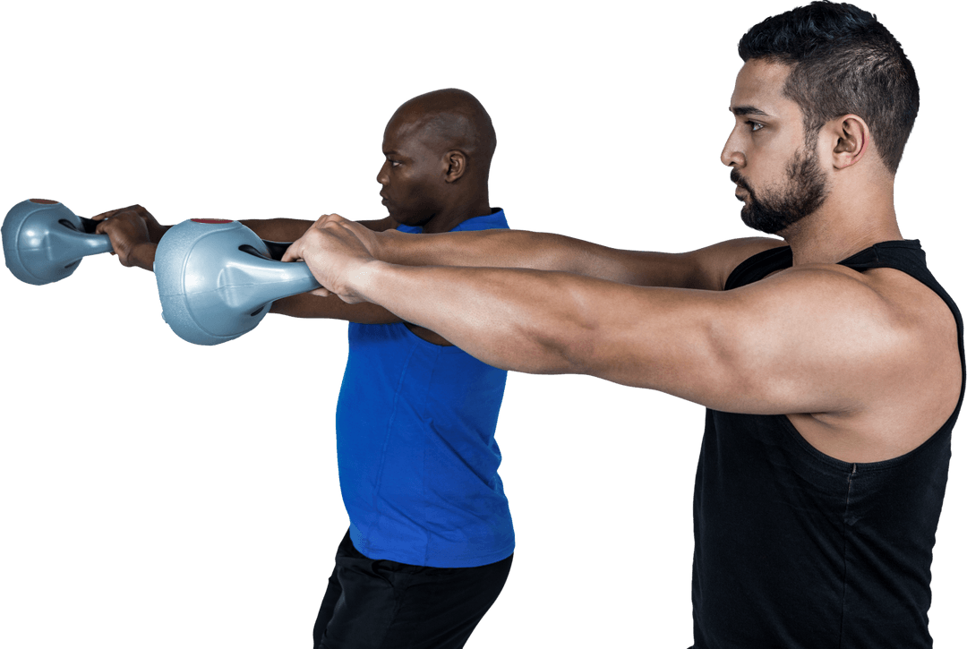 Transparent Duo Lifting Kettlebells in Exercise Routine