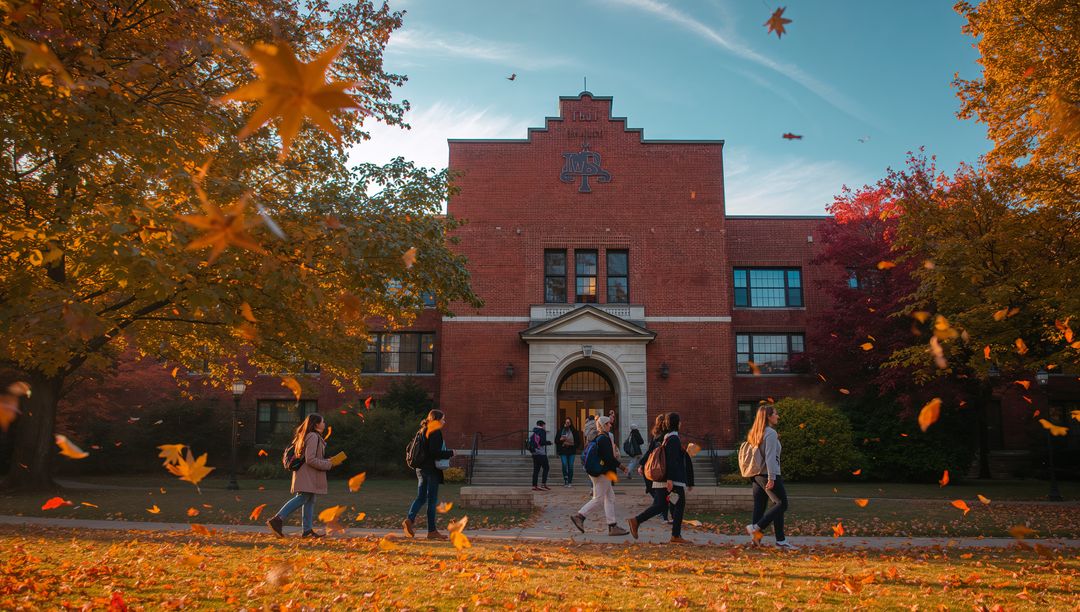 College Students Walking in Autumn on Campus with Falling Leaves