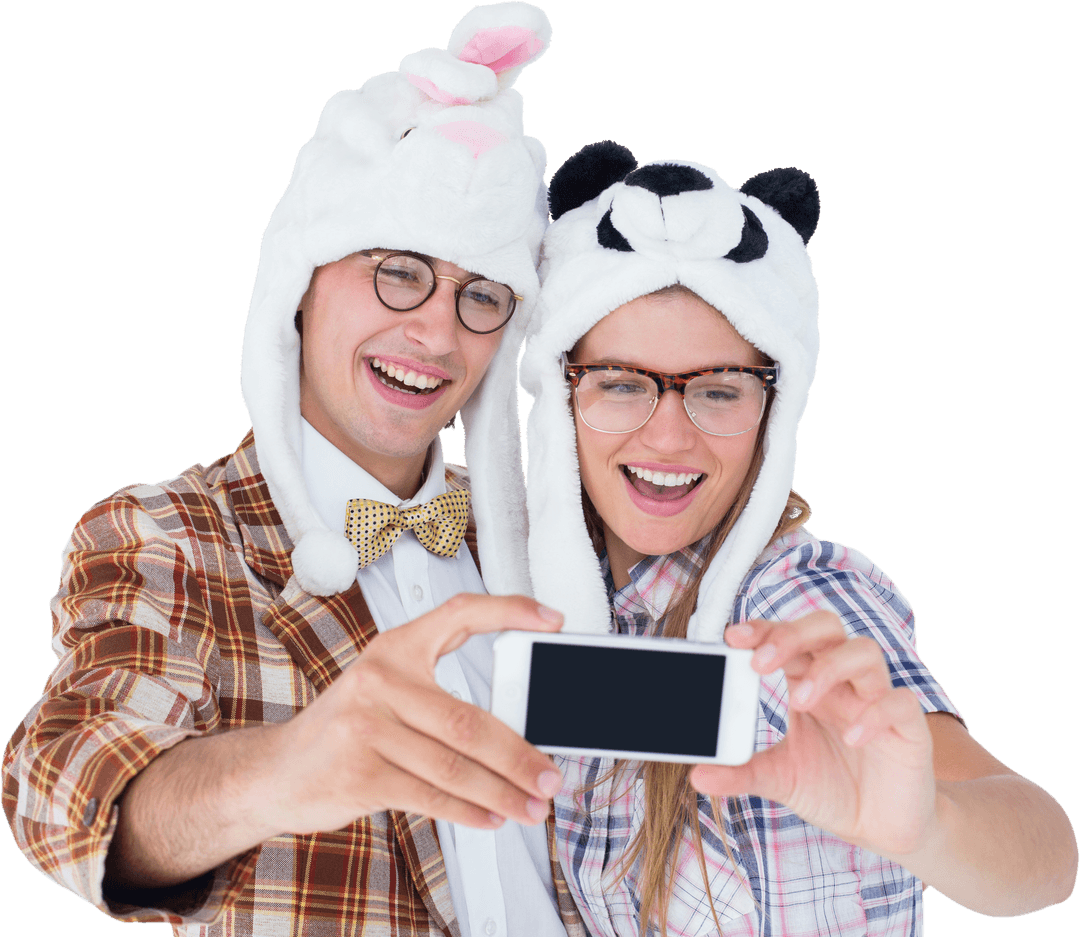 Transparent Selfie Moment with Hipster Couple in Novelty Hats