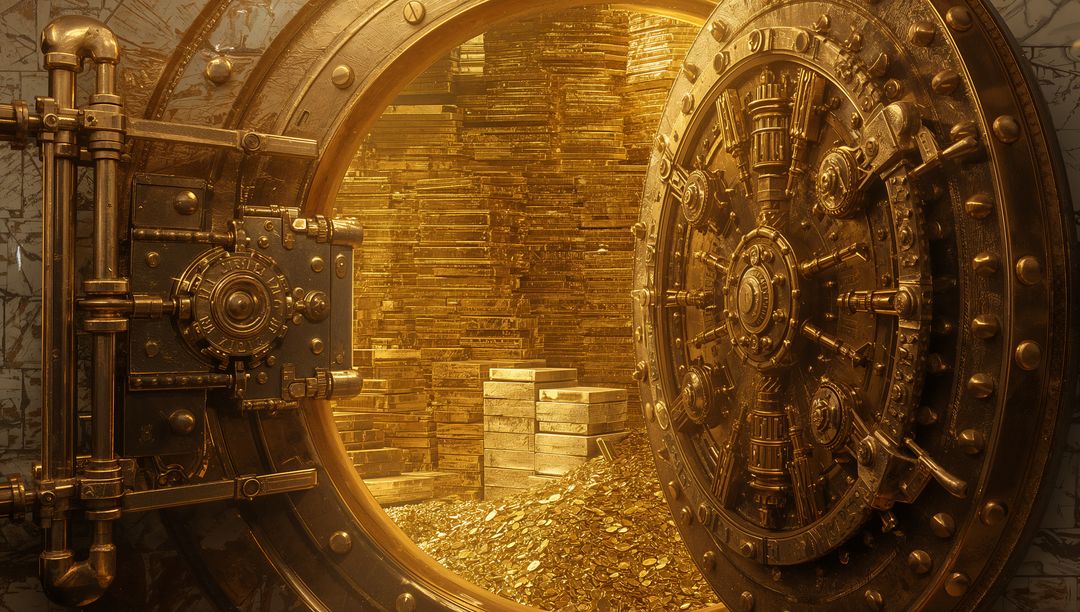 Swinging Vault Door Revealing Towering Gold Bars, Piles of Coins and Crates in Strongroom