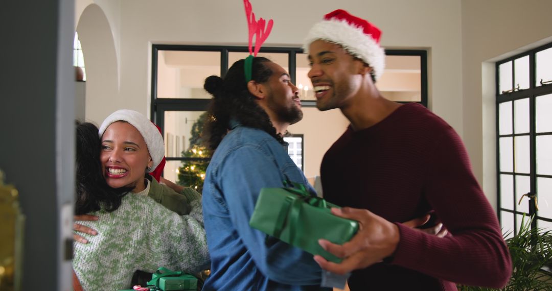 Diverse Friends Exchanging Gifts in Festively Decorated Home