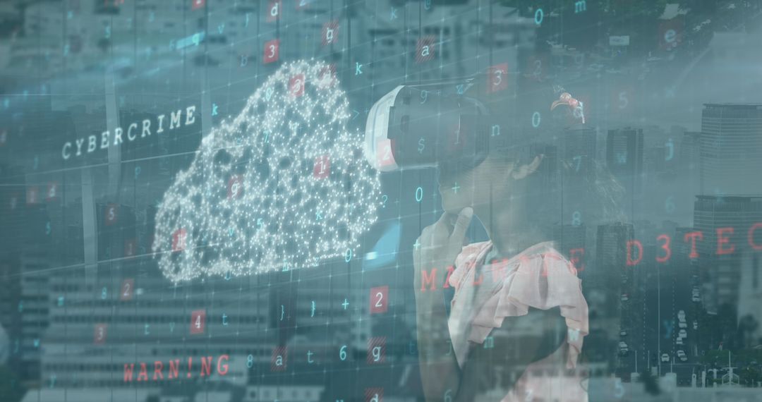 Cybersecurity Concept with VR, Cloud, and Digital Overlay