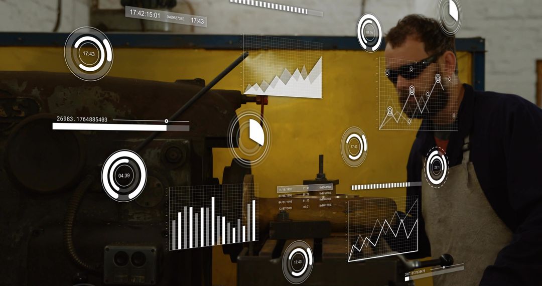 Machinist Monitoring Augmented Reality HUD While Operating Lathe in Industrial Workshop