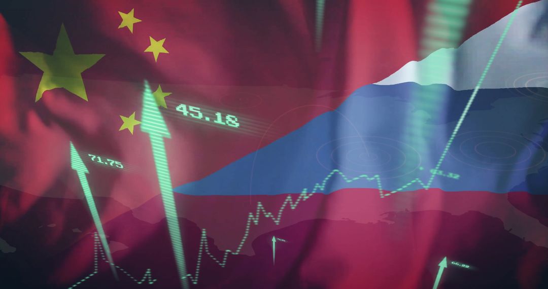 Financial Collaboration Concept with Chinese and Russian Flags and Data Charts