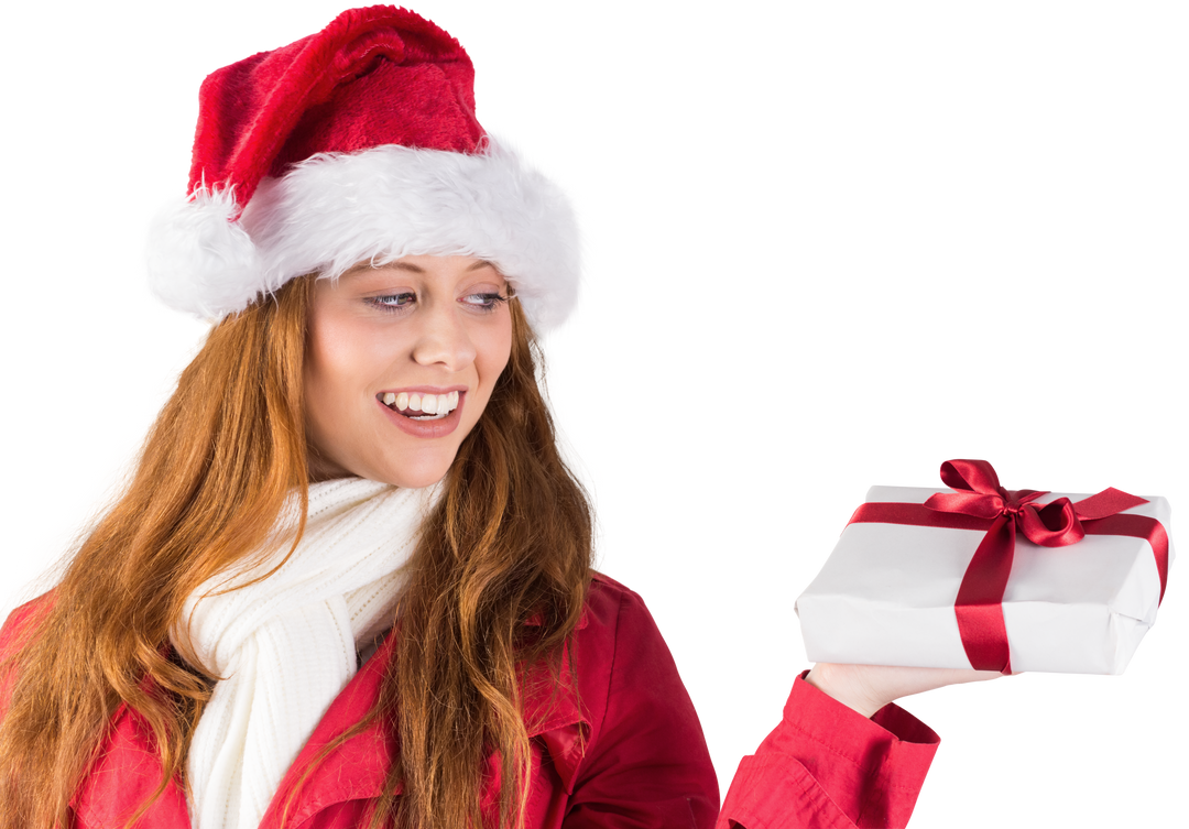 Redhead Woman in Santa Hat Presenting Gift on Transparent Background - Download Free Stock Images Pikwizard.com