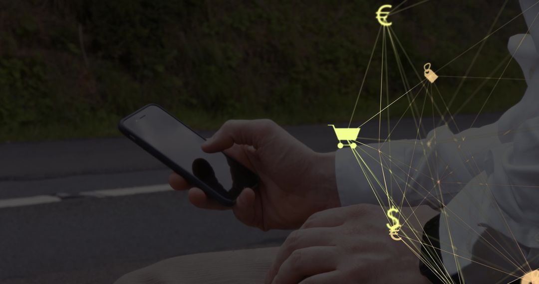 Businessman Holding Smartphone with Digital Connectivity Graphics