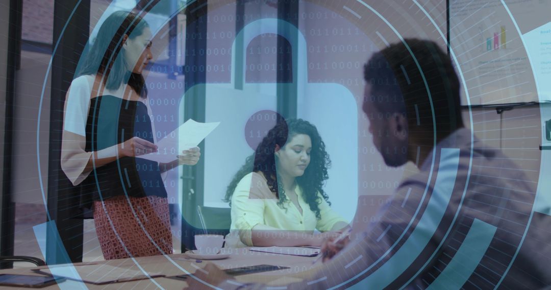 Businesswomen Leading Cybersecurity Strategy Meeting with Digital Network Overlay