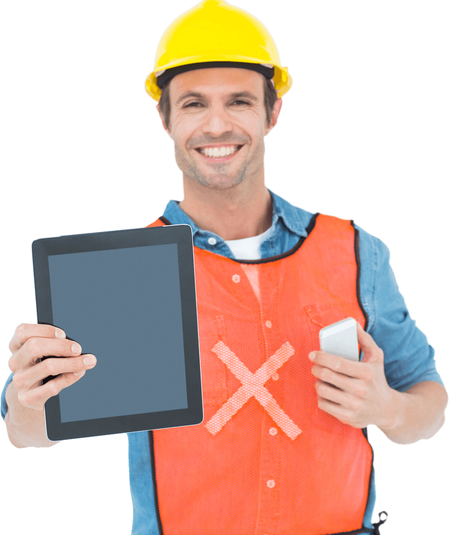 Smiling Construction Worker Displaying Tablet on Transparent Background
