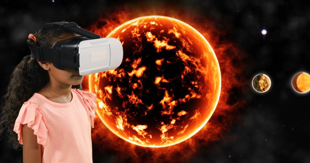 Child Wearing VR Goggles Experiencing Virtual Solar System
