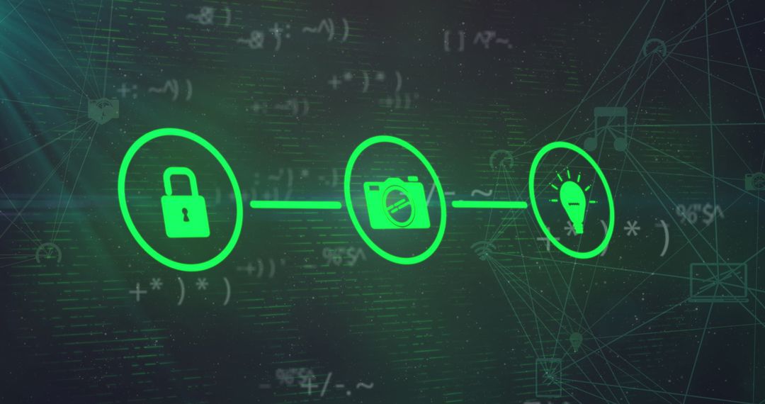 Cybersecurity Concept with Padlock, Camera, Lightbulb on Digital Network