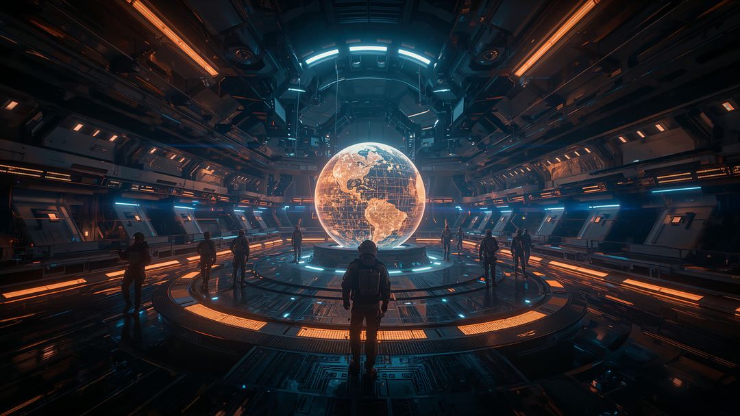 Crew Interacting with Futuristic Holographic Earth in High-tech Control Room