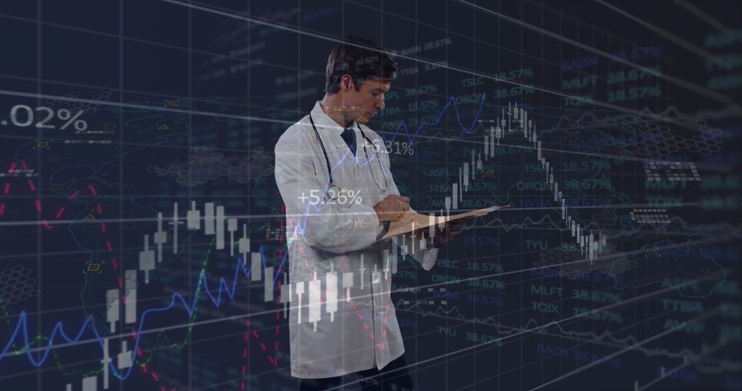 Doctor Analyzing Data Overlaid with Financial Charts