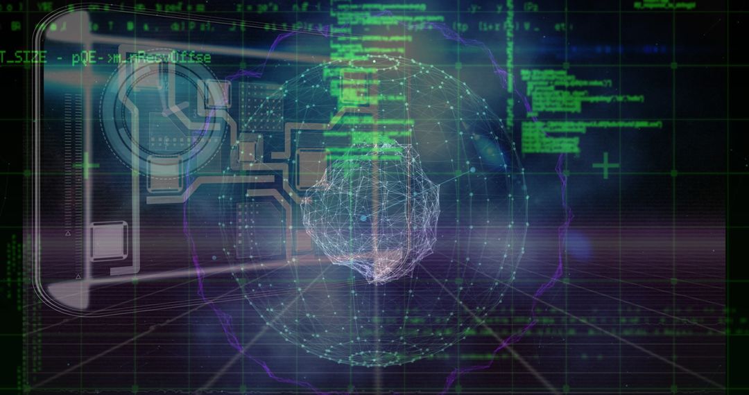 Futuristic Digital Data Sphere with HUD and Cybersecurity Elements