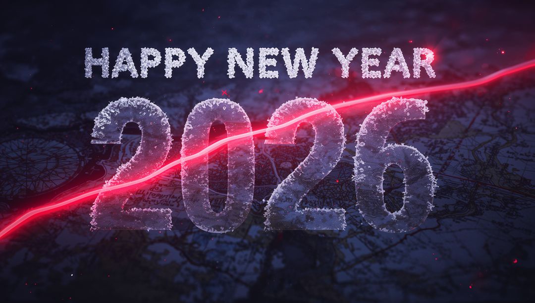Glowing frosted 2026 celebrating Happy New Year with red laser streak moody neon glow
