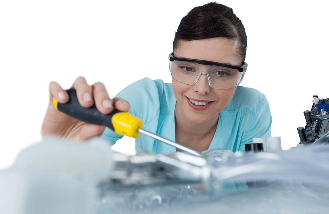 Transparent female engineer repairing computer motherboard