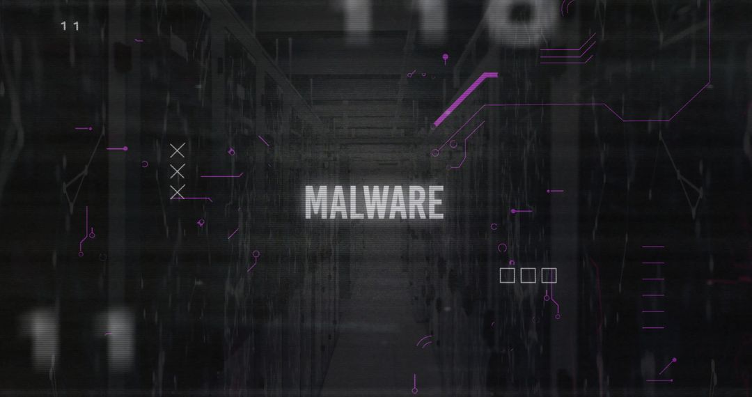Digital Malware Concept Overlaid on Server Data Center