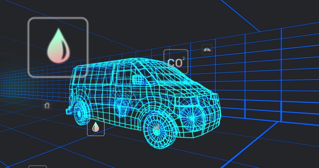 Futuristic 3D Van Model with Technology Icons in Digital Tunnel