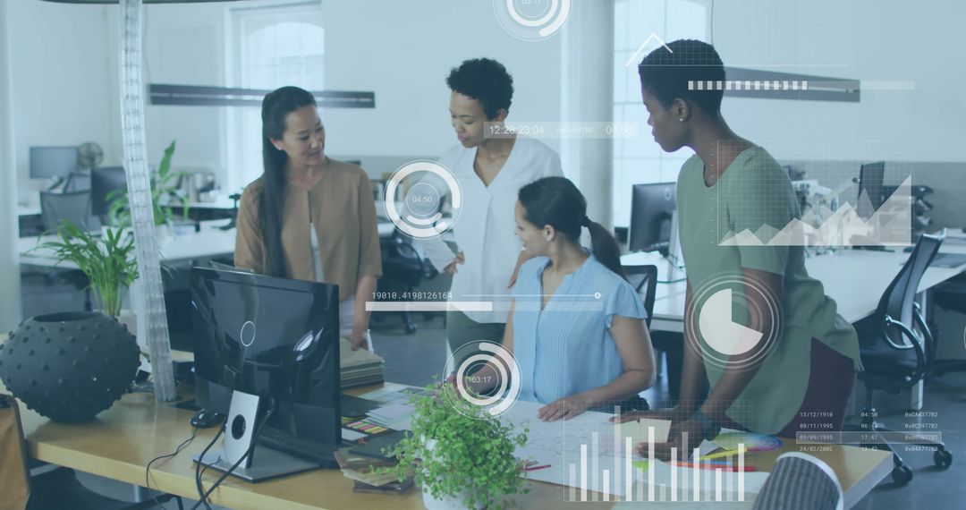 Diverse Team Analyzing Data with Technology Overlay