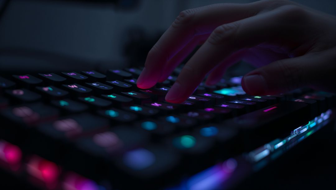 Typing on RGB Mechanical Keyboard with Neon Backlight, Close-up Hand in Low Light