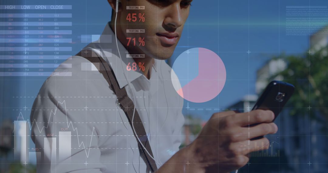Businessman Using Smartphone with Superimposed Financial Graphs