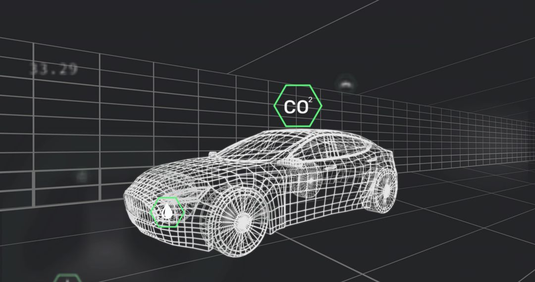 3D Wireframe Sedan with CO² Icon in Virtual Wind Tunnel