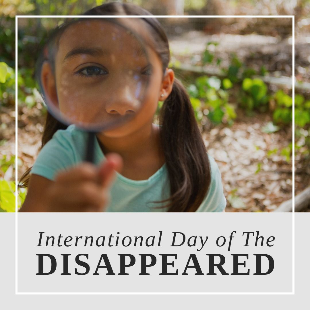 Composite of biracial girl holding magnifying glass and international day of the disappeared text - Download Free Stock Templates Pikwizard.com