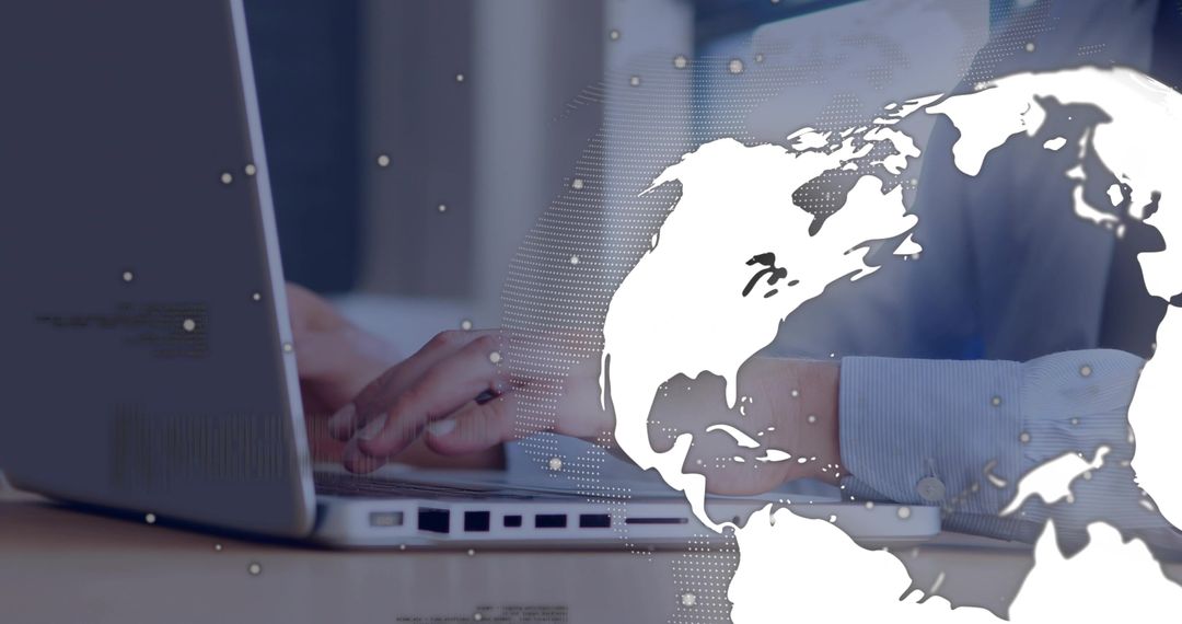 Businessman Typing on Laptop with World Map Overlay