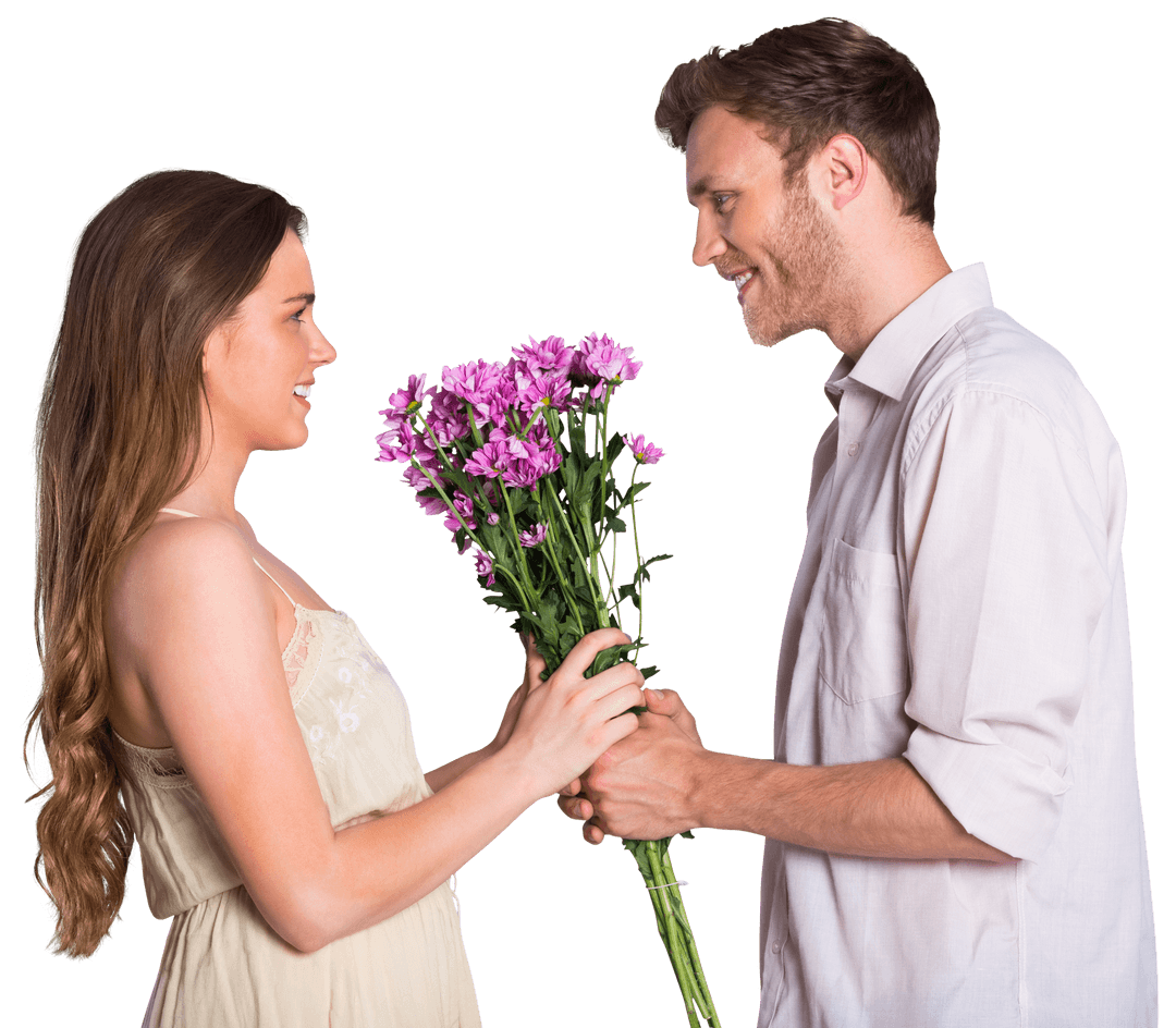Transparent Couple Sharing Flowers in Intimate Gesture