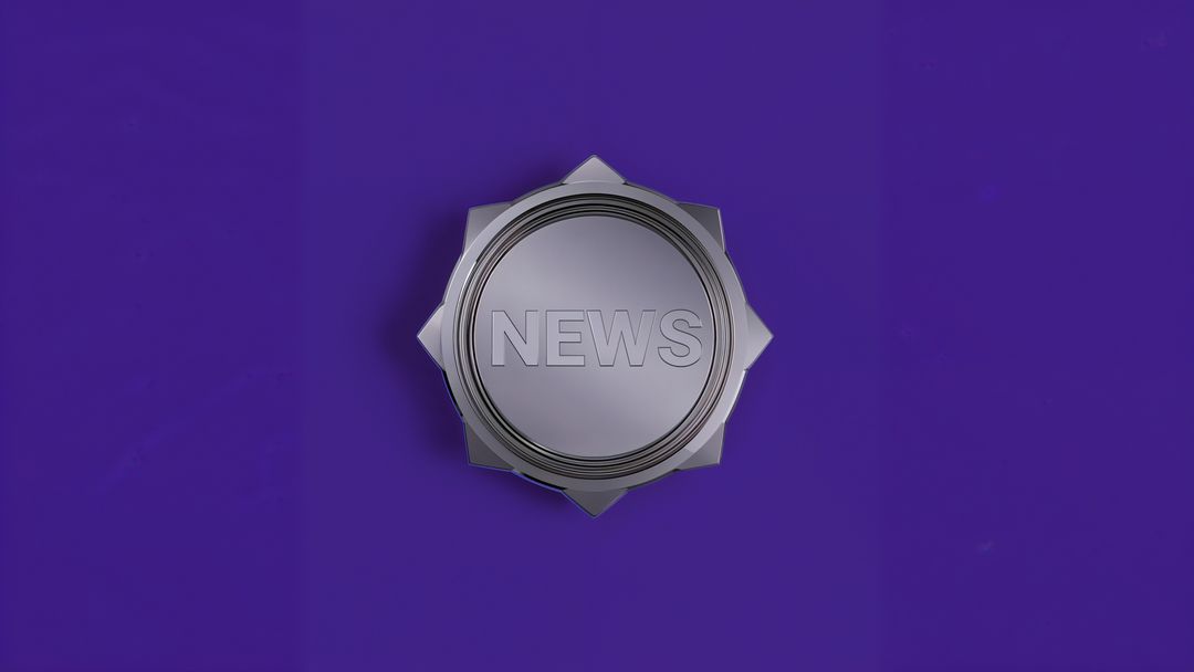 Rotating Metallic News Badge on Purple Background