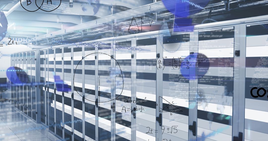 Mathematical Equations Overlaid on Modern Server Room Technology