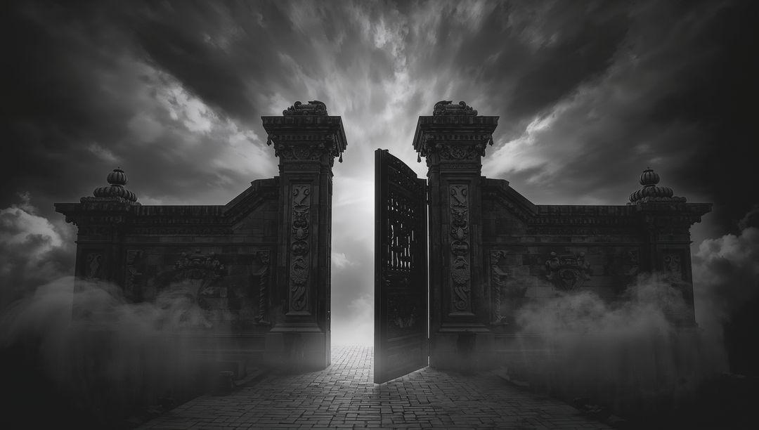 Mysterious Open Gate with Stone Pathway and Swirling Fog
