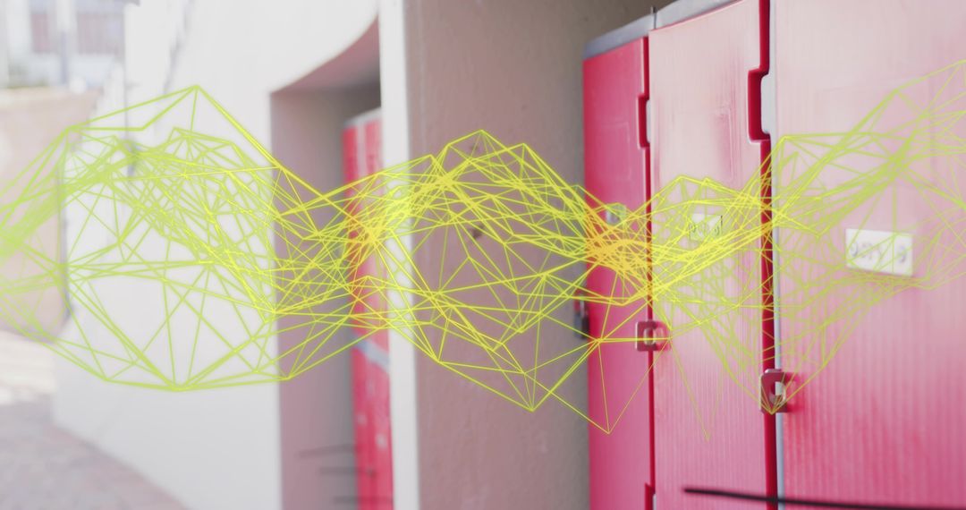 Futuristic Wireframe Mesh Hovering in School Corridor with Red Lockers