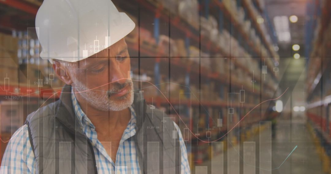Warehouse Worker Analyzing Data Visualization Overlay