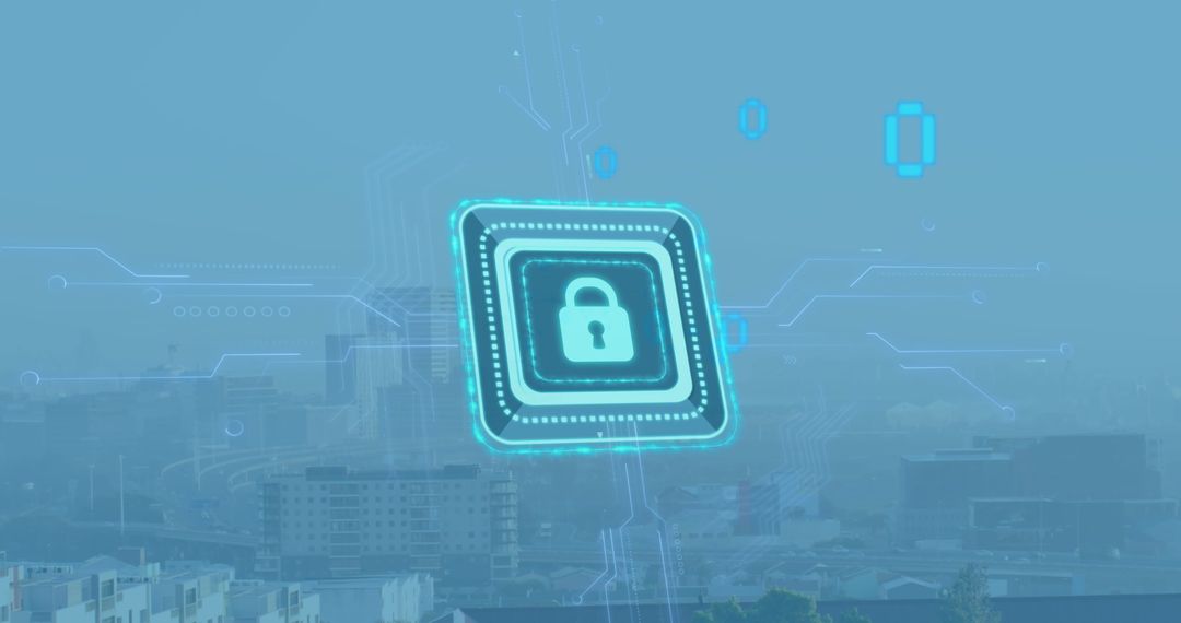 Cyber Security Lock Symbol Overlay on Urban Cityscape
