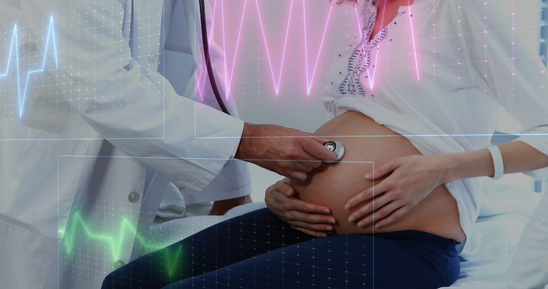 Doctor Performing Pregnancy Checkup with Technology Overlays in Clinic