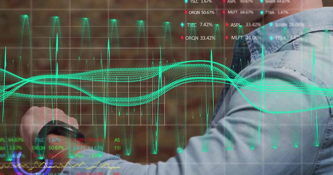 Man Checking Smartwatch with Holographic Data Display Overlay