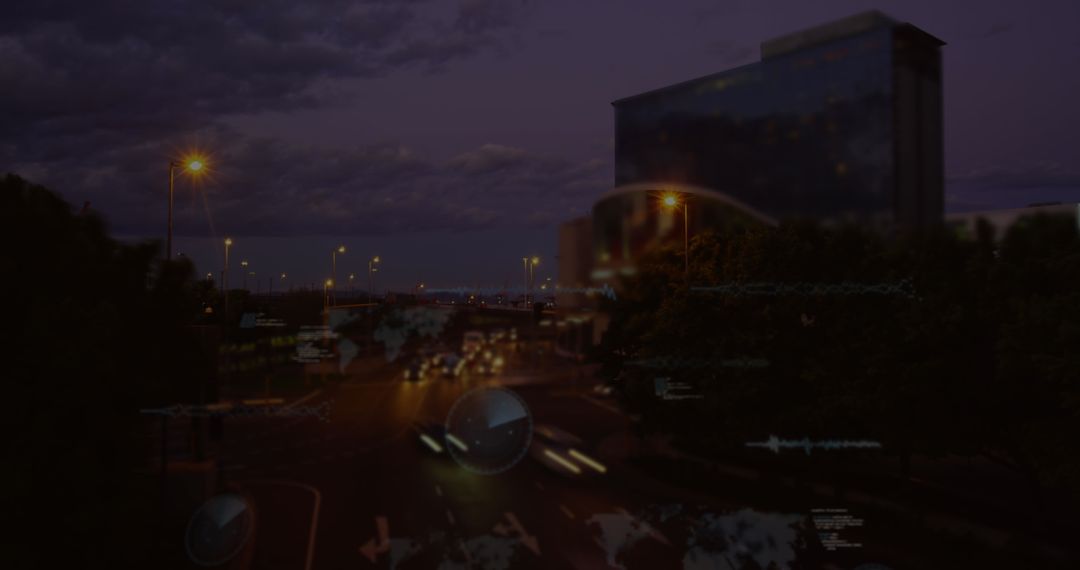 Futuristic Interface Overlay on Night Cityscape