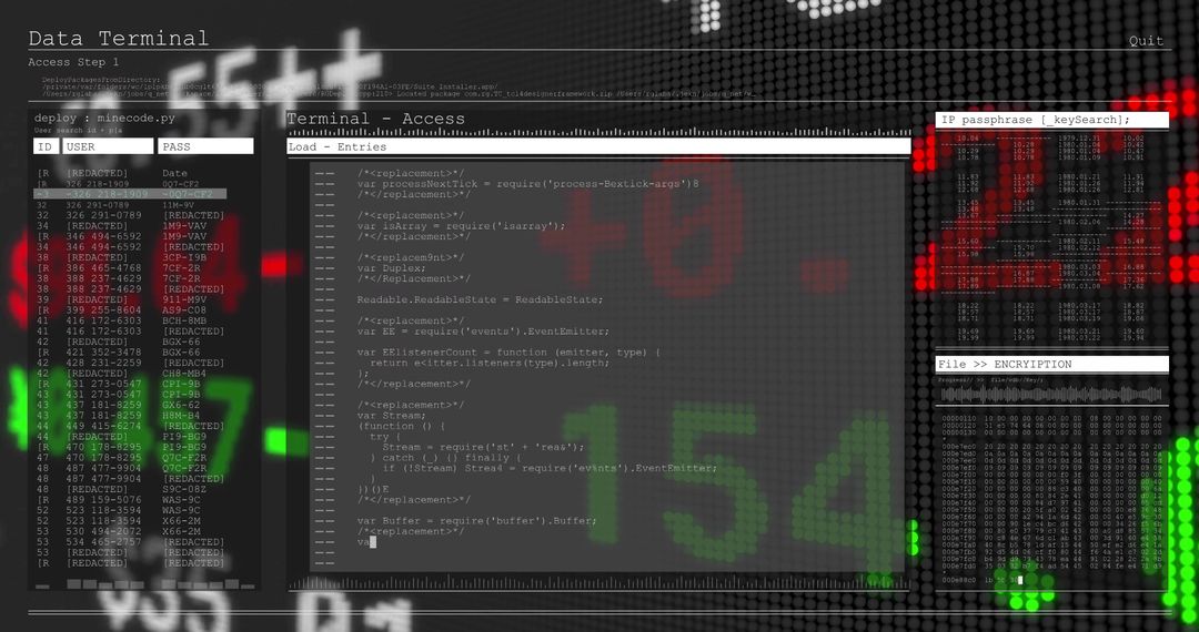 Cybersecurity Terminal Display with Code and Data Entries