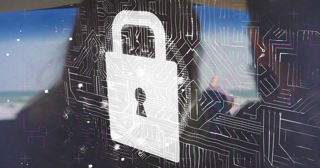 White Padlock Icon with Circuit Board Overlay Illustrates Cybersecurity Concept
