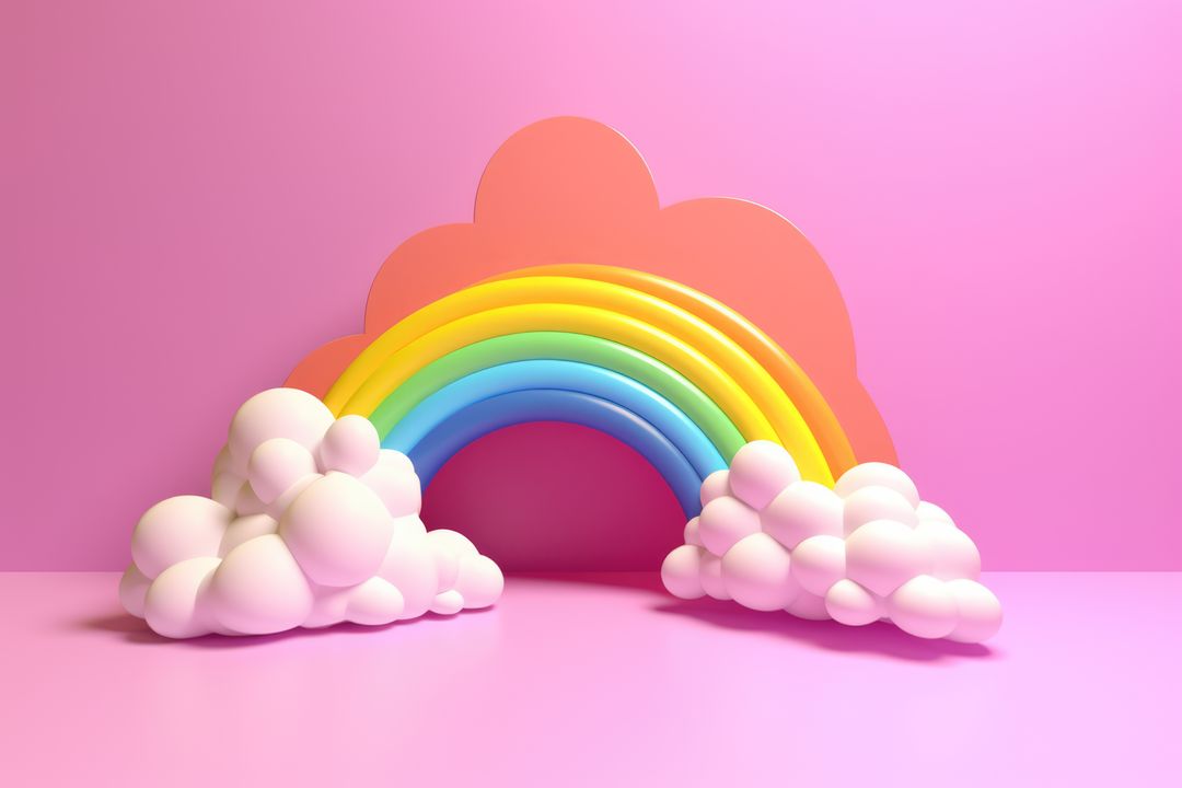 Colorful rainbow with white clouds on pink background created using generative ai technology - Free Images, Stock Photos and Pictures on Pikwizard.com