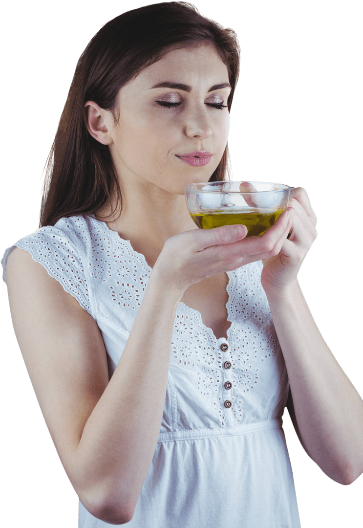 Relaxed Woman Savoring Hot Herbal Tea Symbolizing Tranquility and Relaxation - Transparent Backgroun