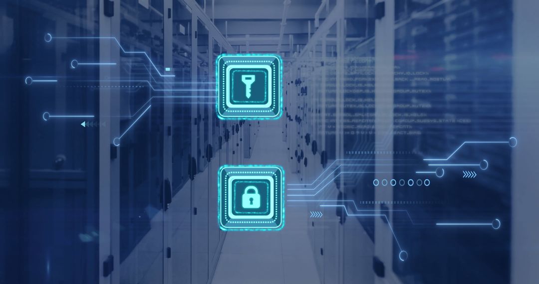 Digital Cybersecurity Locks and circuit in Modern Data Center