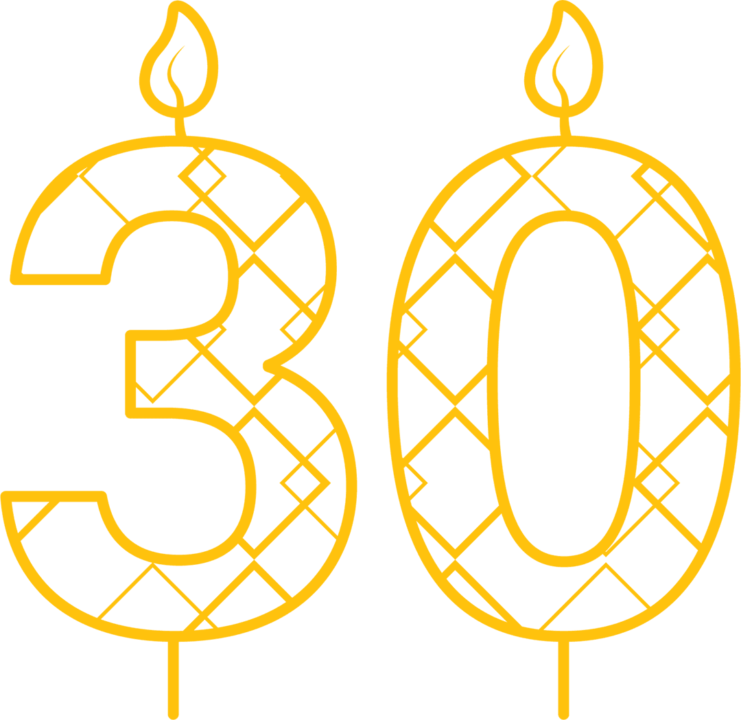 Yellow 30 Birthday Candle Vector on Transparent Background