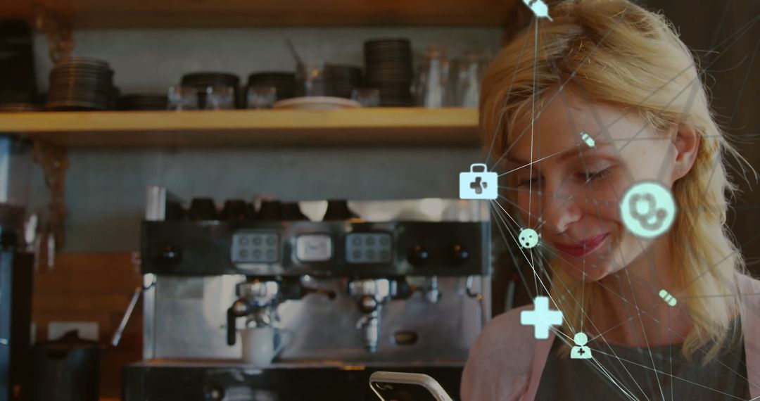 Barista Using Smartphone with Floating Digital Icons in Cafe