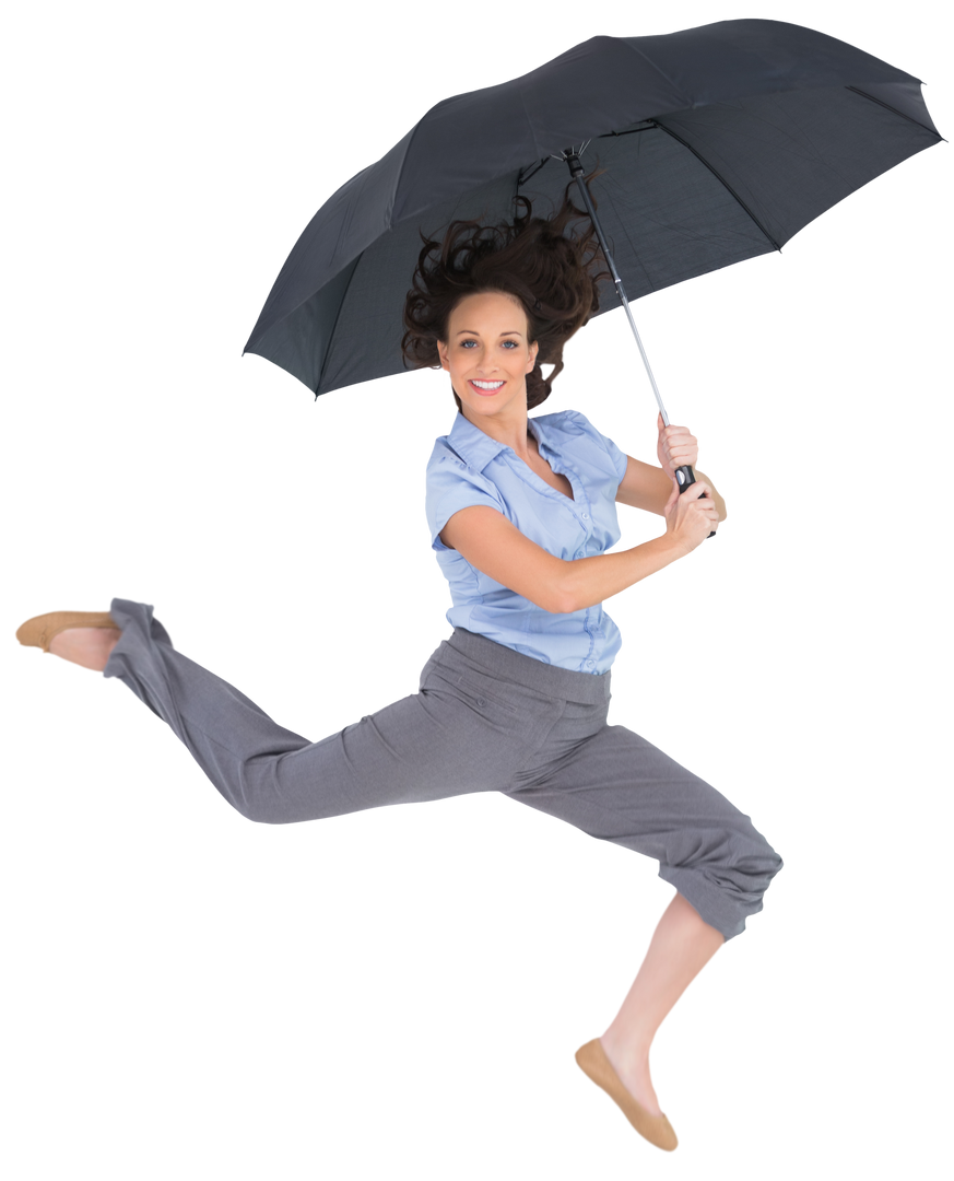 Transparent Happy Businesswoman Jumping With Umbrella - Download Free Stock Images Pikwizard.com