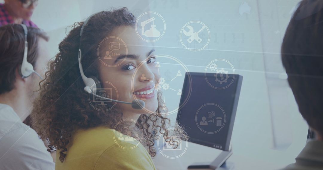 Smiling Woman Working at Call Center with Technology Icons Overlay