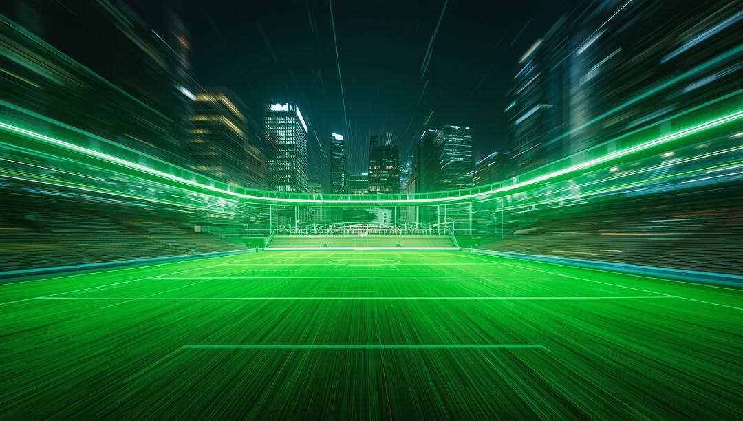 Dynamic Futuristic Soccer Pitch Illuminated with Green Laser Lines