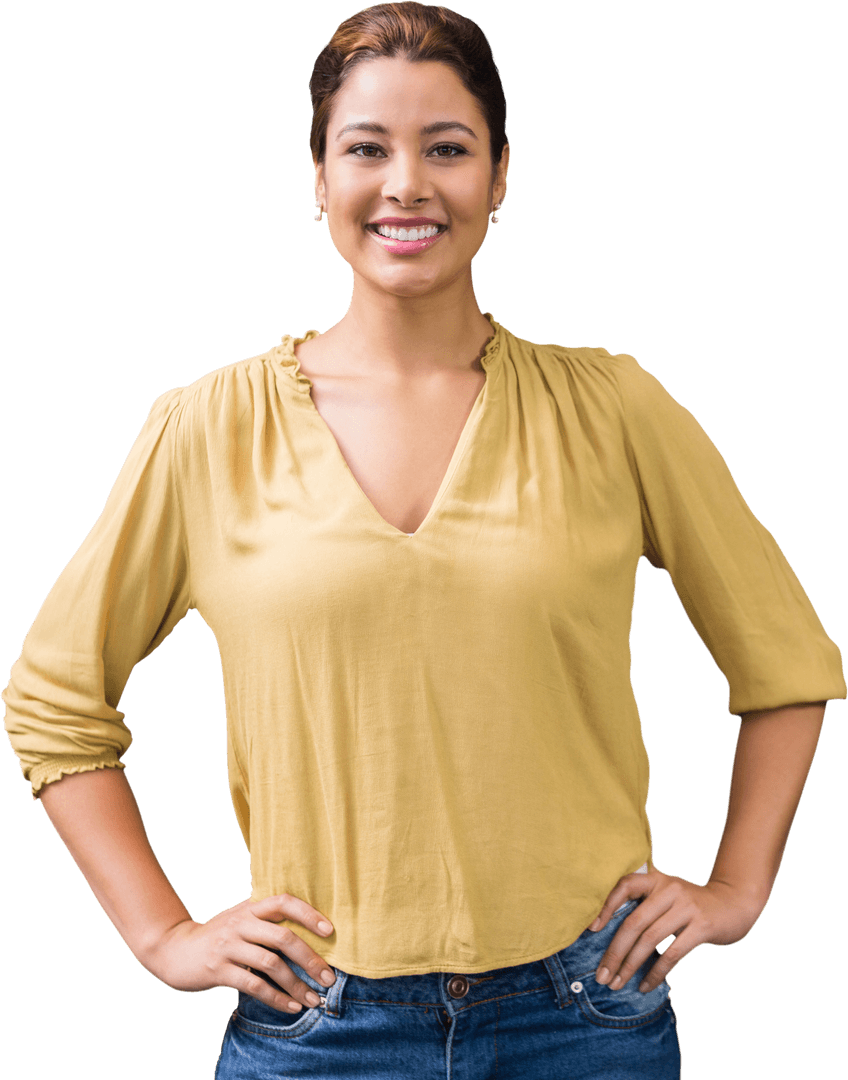 Transparent Confident Woman with Hands on Hips in Stylish Outfit